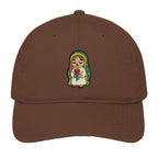 Front view of a brown dad hat featuring embroidered Rose Protector holding a red rose.