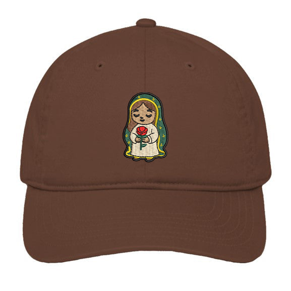 Front view of a brown dad hat featuring embroidered Rose Protector holding a red rose.