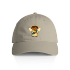 Front view of a beige dad hat featuring the Light Guardian angel embroidery