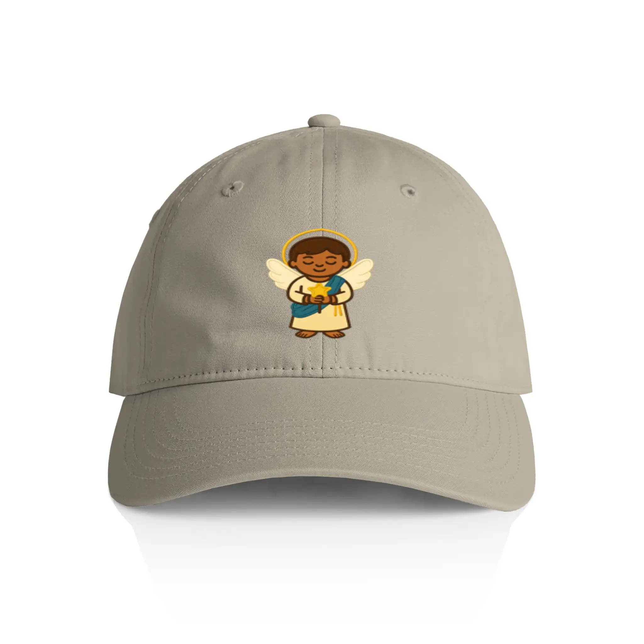 Front view of a beige dad hat featuring the Light Guardian angel embroidery