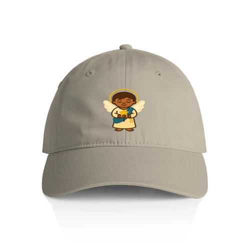 Front view of a beige dad hat featuring the Light Guardian angel embroidery