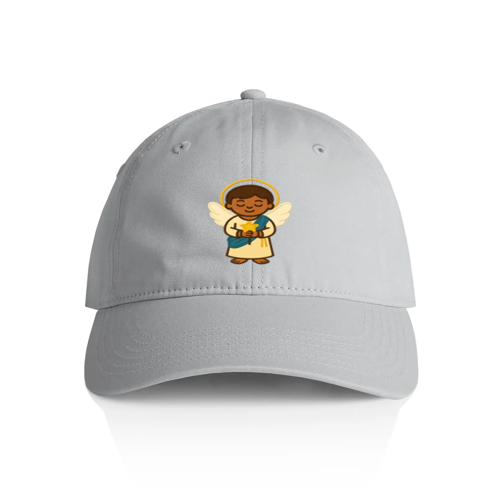 Front view of a light gray dad hat featuring the Light Guardian angel embroidery.