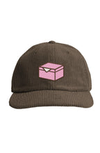 Brown corduroy hat embroidered with a pink donut box icon.