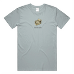 Front view of the For the Table t-shirt in Sea Glass featuring a sardine tin chest graphic