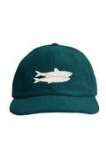 Front view of a teal corduroy hat featuring embroidered sardines in ivory.