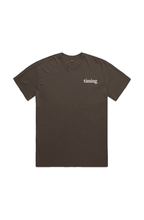 Brown t-shirt with 'timing' text on a white background