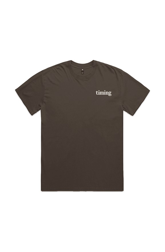 Brown t-shirt with 'timing' text on a white background