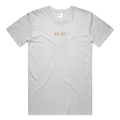 White crewneck t-shirt with a small XI:XI graphic on the chest.