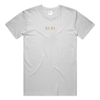 White crewneck t-shirt with a small XI:XI graphic on the chest.
