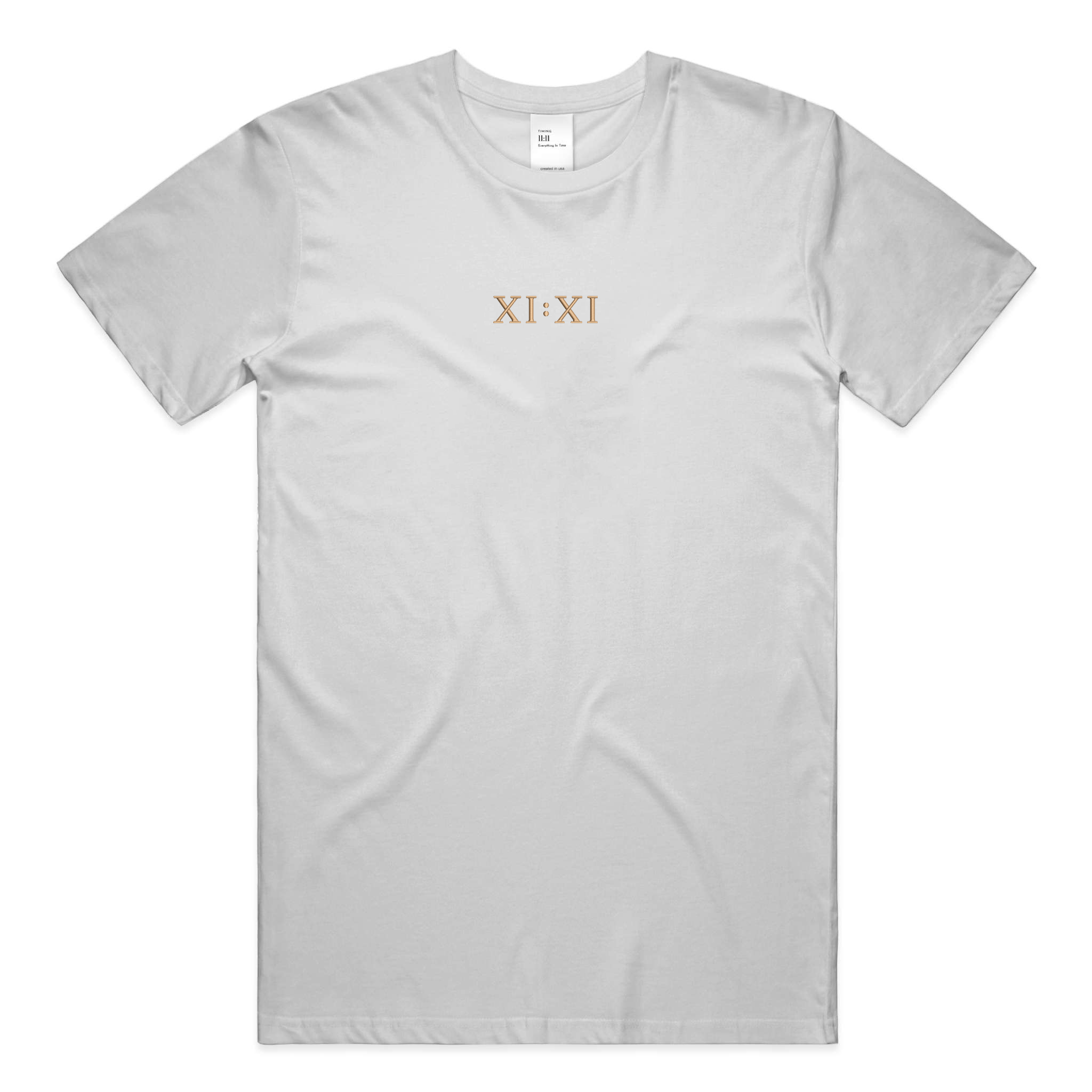 White crewneck t-shirt with a small XI:XI graphic on the chest.