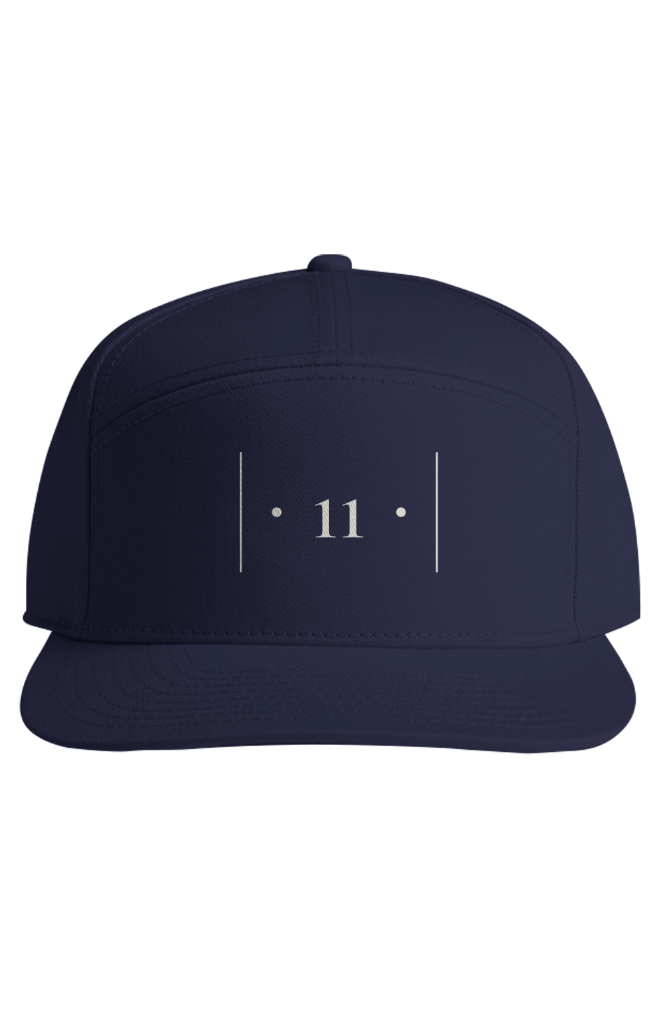 front view of a navy blue cap with white embroidered Passage Mark featuring vertical bars, dots, and the number 11