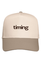 Beige two-tone Timing cap with dark brown embroidered wordmark and taupe brim
