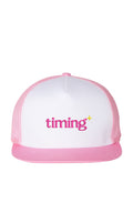 Pink and white Timing trucker hat with embroidered pink wordmark and yellow sparkle