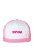 Pink and white Timing trucker hat with embroidered pink wordmark and yellow sparkle
