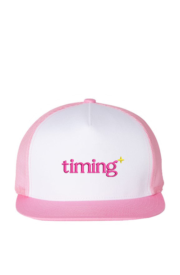 Pink and white Timing trucker hat with embroidered pink wordmark and yellow sparkle