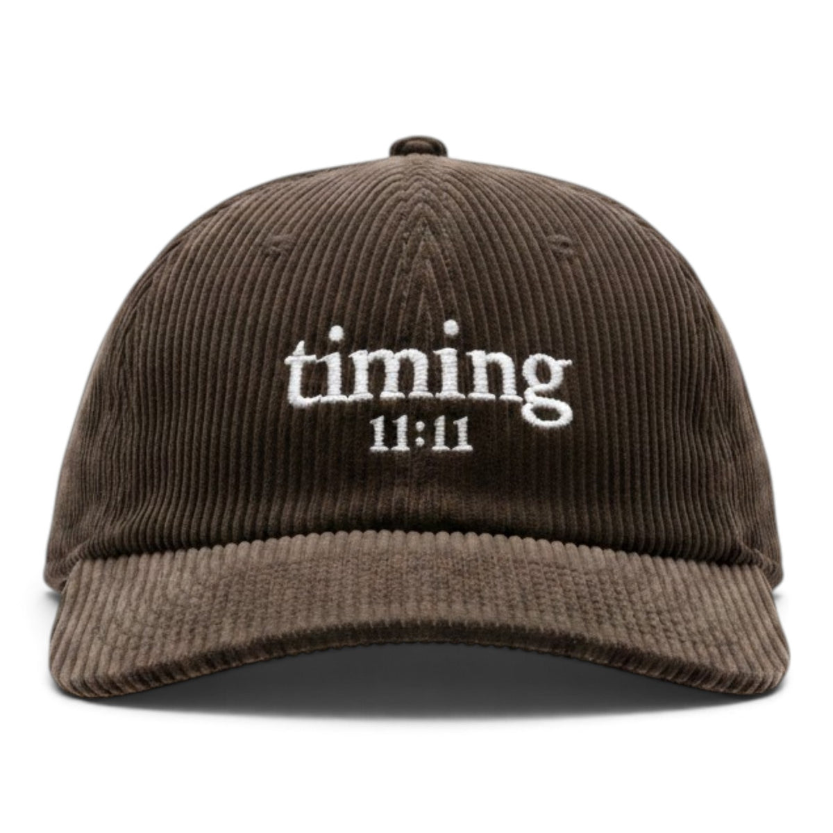 Front view of a brown corduroy hat featuring the embroidered "timing 11:11" logo in ivory